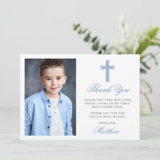 Carte De Remerciements Première Sainte Communion Photo Bleu clair rayé (Debout devant)