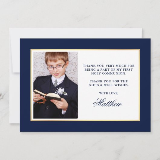 Carte De Remerciements Première Sainte Communion Photo Bleue et Or (Dos)