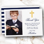 Carte De Remerciements Première Sainte Communion Photo Blue Stripes Gold<br><div class="desc">Élégante Première Sainte Communion Carte de remerciements avec Croix d'Or. Photo Avant. Bleu et blanc de la marine.</div>