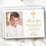 Carte De Remerciements Première Sainte Communion Photo Gold Frame<br><div class="desc">Élégante Première Sainte Communion Carte de remerciements avec Croix d'Or. Photo Avant. Cadre Or.</div>