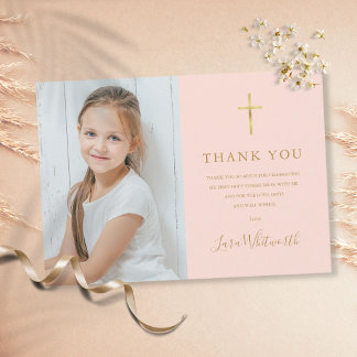 Carte De Remerciements Première Sainte Communion Photo Rose Pâle Or