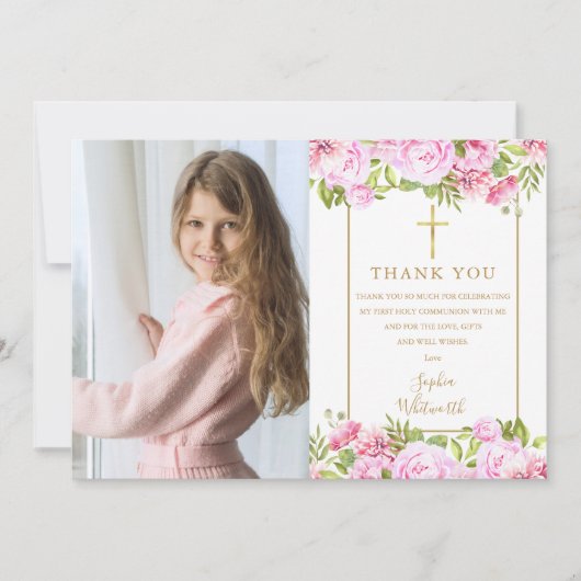 Carte De Remerciements Première Sainte Communion Roses Fleur Photo (Devant)