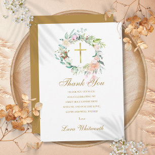 Carte De Remerciements Première Sainte Communion Roses Floral Écriture Do