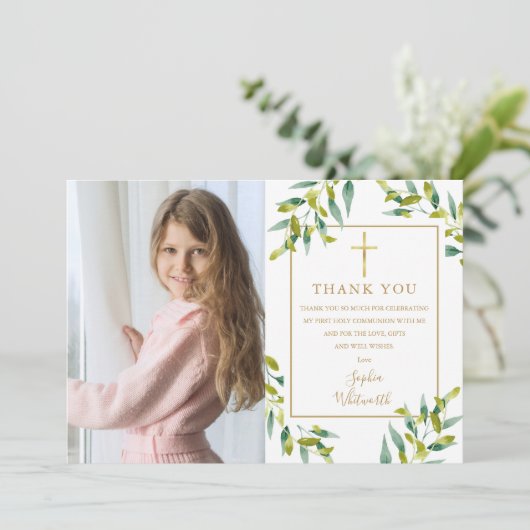 Carte De Remerciements Première Sainte Communion Végétation Foliage Photo (Debout devant)