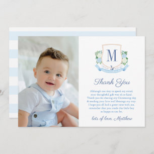 Carte De Remerciements Preppy Coastal Monogram Baby Boy Christening Photo
