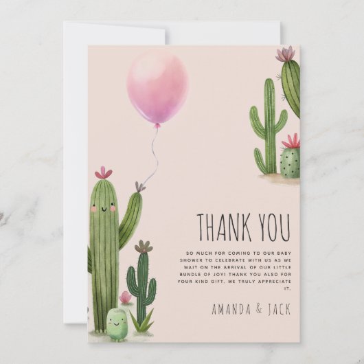 Carte De Remerciements Prête à éclater Fille Cactus ballon vert Baby Show (Devant)