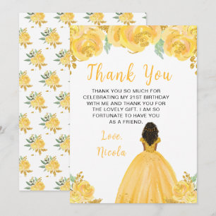 Carte De Remerciements Princesse à peau foncée Fête d'anniversaire floral