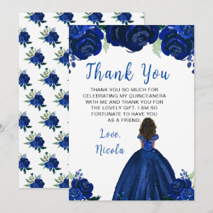 Carte De Remerciements Princesse à peau foncée, robe de Quinceanera marin