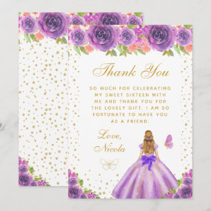 Carte De Remerciements Princesse aux Cheveux Blonds Fleur Violette Sweet