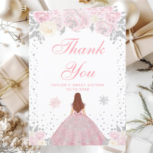 Carte De Remerciements Princesse aux cheveux bruns en hiver rose Sweet Si