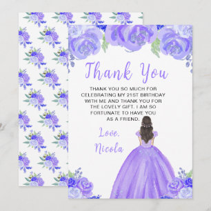 Carte De Remerciements Princesse aux Cheveux Bruns Fête d'Anniversaire Fl
