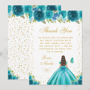 Carte De Remerciements Princesse aux Cheveux Bruns Fleuris Turquoise Swee