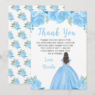 Carte De Remerciements Princesse aux Cheveux Bruns Fleurs Florales Bleues