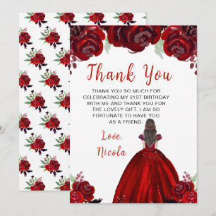 Carte De Remerciements Princesse aux Cheveux Bruns Fleurs Florales Rouges