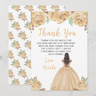 Carte De Remerciements Princesse aux Cheveux Bruns Peach Fleurie Fête d'A