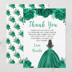Carte De Remerciements Princesse aux Cheveux Bruns Robe Florale Verte Qui