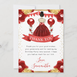 Carte De Remerciements Princesse aux cheveux bruns Robe rouge Anniversair