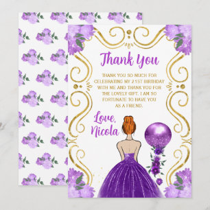 Carte De Remerciements Princesse aux cheveux rouges anniversaire violet j