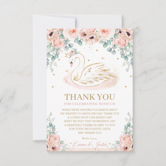 Carte De Remerciements Princesse Cygne Chic Fête de Bébé Fleur Rose Blush (Devant)