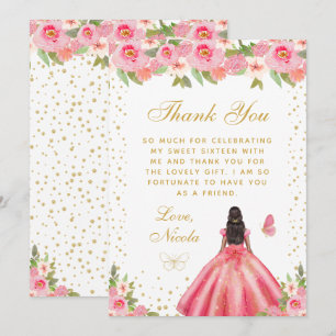 Carte De Remerciements Princesse Fleur Rose Peau Foncée Sweet Seize
