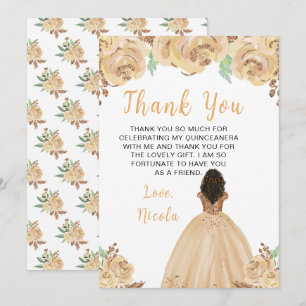 Carte De Remerciements Princesse Peach à la peau foncée Quinceanera flora