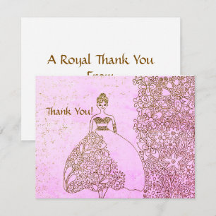 Carte De Remerciements Princesse Rose et Or Anniversaire Conte de Fée