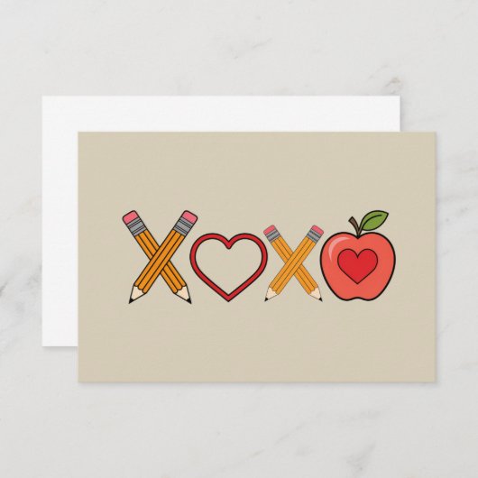 Carte De Remerciements Professeur XOXO Crayon Saint Valentin et pomme (Devant / Derrière)