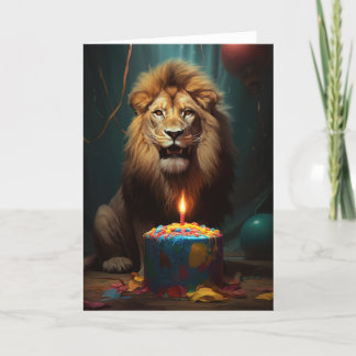 Carte De Remerciements Puissant Lion avec un gâteau d'anniversaire