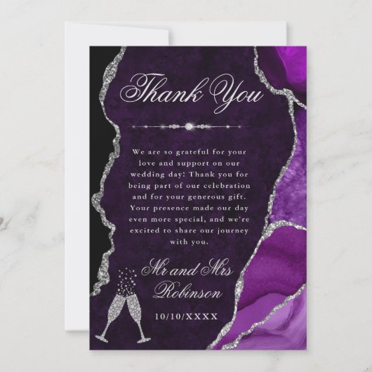 Carte De Remerciements Purple and Silver Glitter Agate & Marble Wedding (Devant)