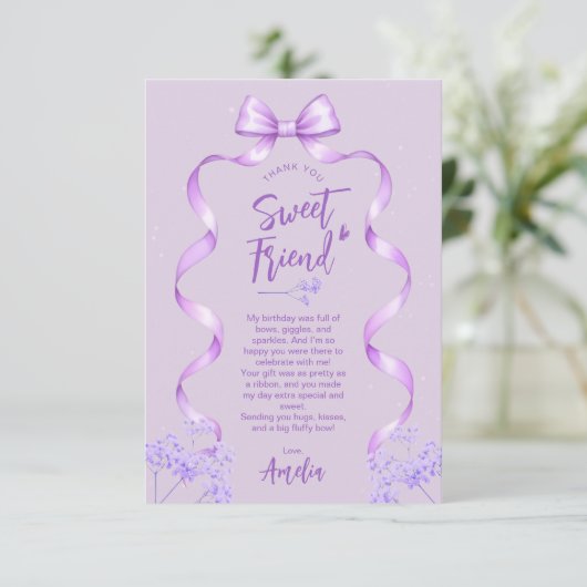 Carte De Remerciements Purple Bow Birthday (Debout devant)
