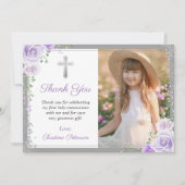 Carte De Remerciements Purple Floral Argent Première Sainte Communion Pho (Devant)
