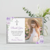 Carte De Remerciements Purple Floral Argent Première Sainte Communion Pho (Debout devant)