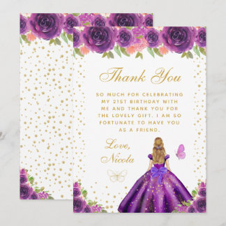 Carte De Remerciements Purple Floral Blonde Hair Princess Birthday Party