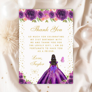 Carte De Remerciements Purple Floral Peau foncée Princesse Anniversaire