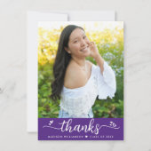 Carte De Remerciements Purple Graduation Photo Moderne Chic Script Coeurs (Devant)