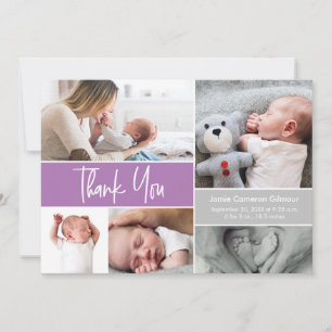 Carte De Remerciements Purple Handlettering Photo Collage Baby shower