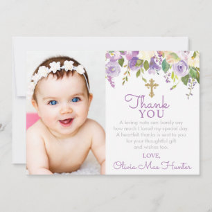 Carte De Remerciements Purple Peonies Girl Baptism Photo