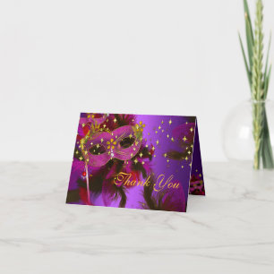 Carte De Remerciements Purple Pink Feather Mask Masquerade Thank You