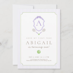 Carte De Remerciements Purple Preppy Tennis Crest 1er anniversaire invita