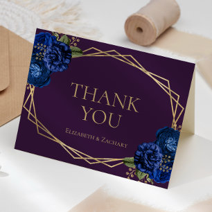 Carte De Remerciements Purple Royal Blue Floral Gold Mariage