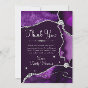 Carte De Remerciements Purple & Silver Faux Glitter Agate Sweet 16