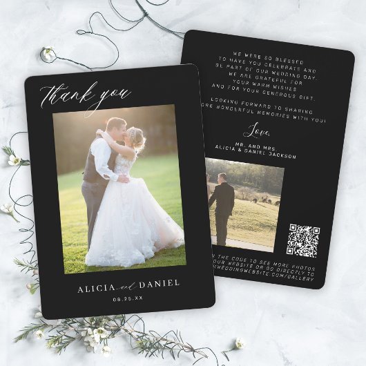 Carte De Remerciements QR CODE moderne élégant script photo noir mariage
