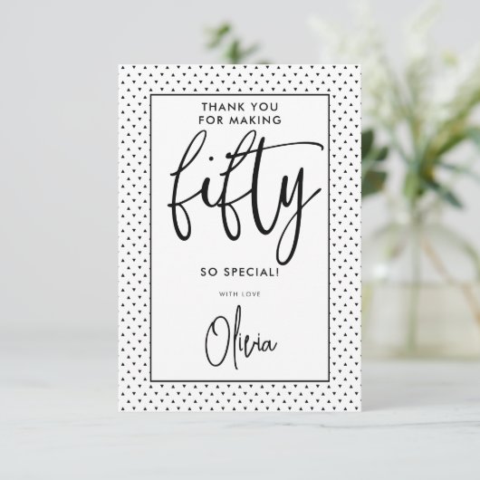 Carte De Remerciements Quarante | Script moderne 50e Noir & Blanc Anniver (Debout devant)