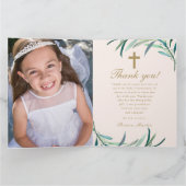 Carte De Remerciements Quatre Photo Vert Première Communion Blush (Intérieur)