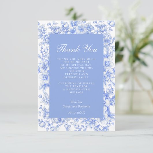 Carte De Remerciements Quelque chose de bleu floral pour mariage français (Debout devant)