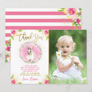 Carte De Remerciements Quelques Bunny Pink Floral Gold Parties scintillan