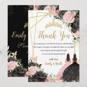 Carte De Remerciements Quinceanera Black Rose Floral Twins Princesses