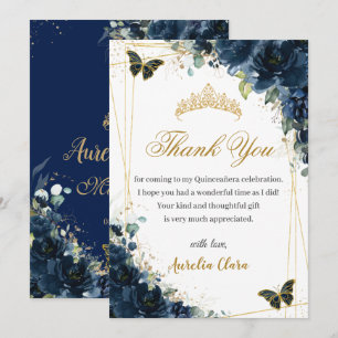 Carte De Remerciements Quinceañera Bleu Nuit Floral Papillons Dorés