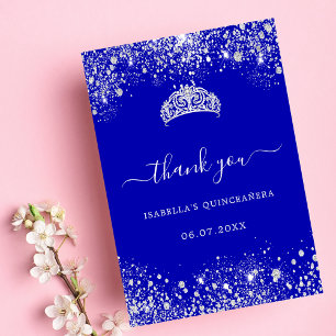 Carte De Remerciements Quinceanera bleu royal argent parties scintillant 