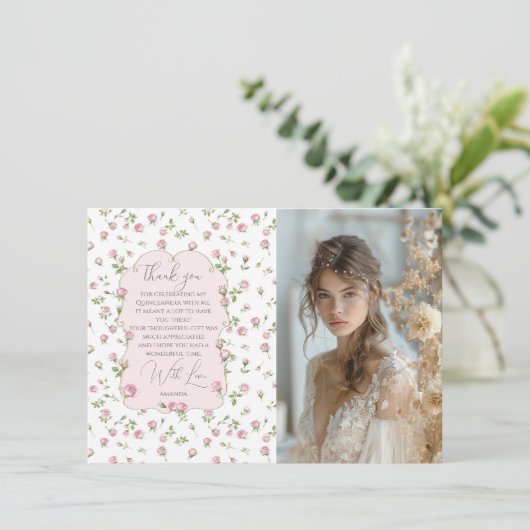 Carte De Remerciements Quinceanera Blush Rose Anniversaire (Debout devant)